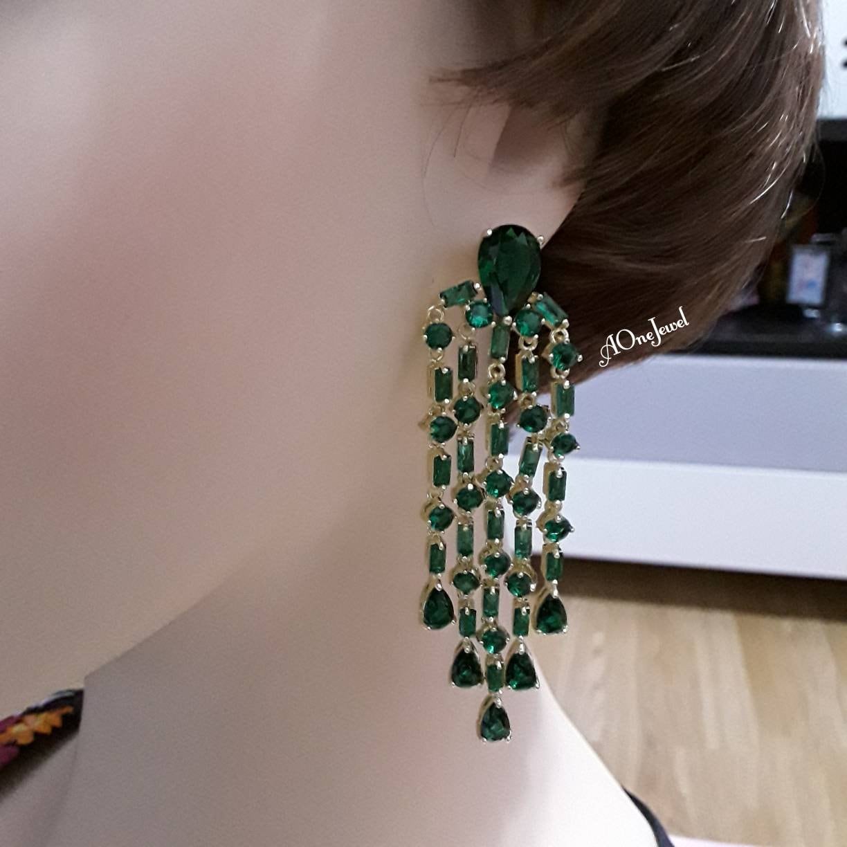 Indian Gold Plated Emerald Tassel Earrings