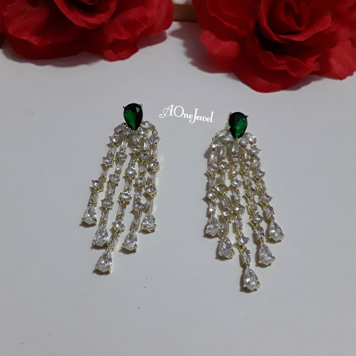 Indian Gold Plated Emerald Tassel Earrings