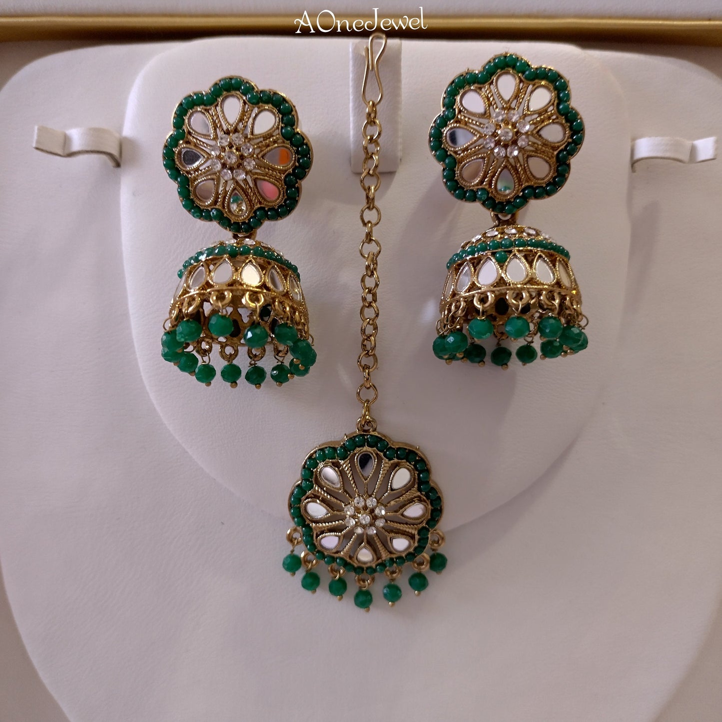 Indian Jewellery Emerald Colour Earrings and Tikka Set
