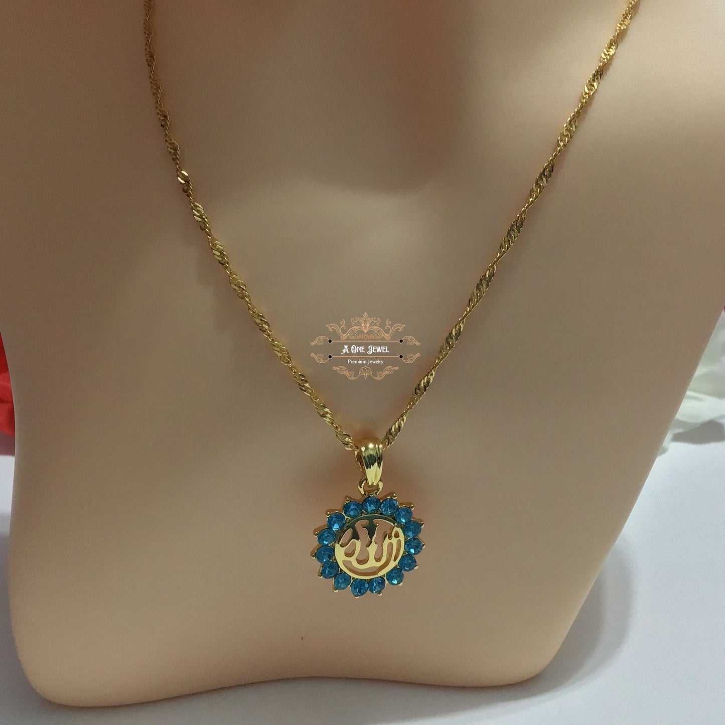 Allah اللہ Sky Blue Pendant Necklace