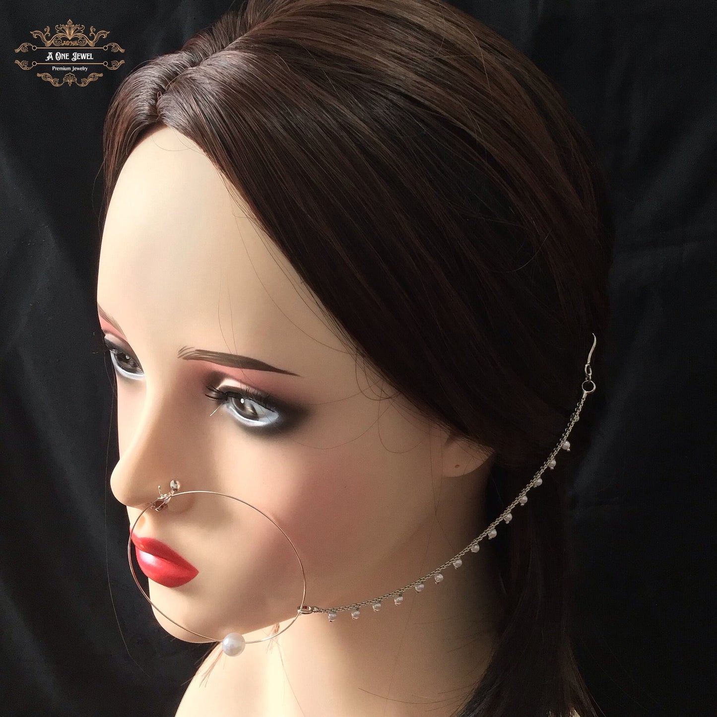 Indian Bollywood Style Pearl Nath, Traditional Nose Ring, Pierce Nose Ring, Nose Ring Chain, Nathni Jewelry, Wedding Jewelry, Nose Hoops