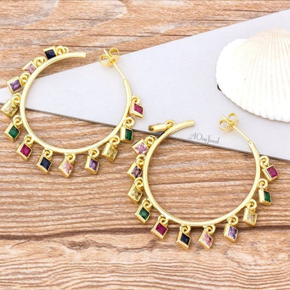 18K Gold Plated Rainbow CZ Hoop Earrings