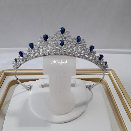 High Quality CZ Diamond Sapphire Bridal Headpiece Silver Tiara