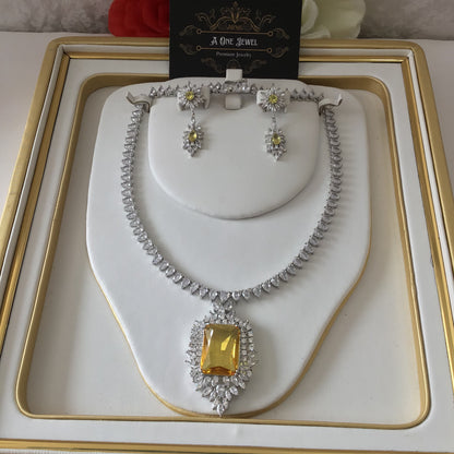 Indian Bridal CZ Diamond Silver Yellow Necklace Jewellery Set