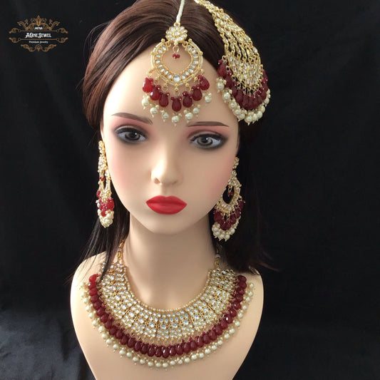 Indian Bridal Maroon Necklace Earrings Jhoomar Tikka Set