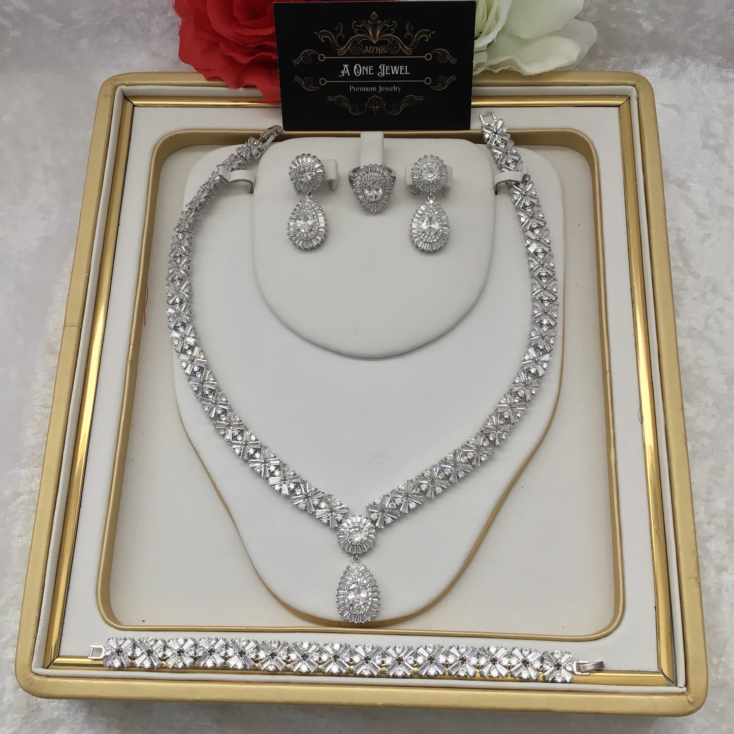 Indian Bridal CZ Diamond Silver Necklace Earrings Bracelet Ring Set