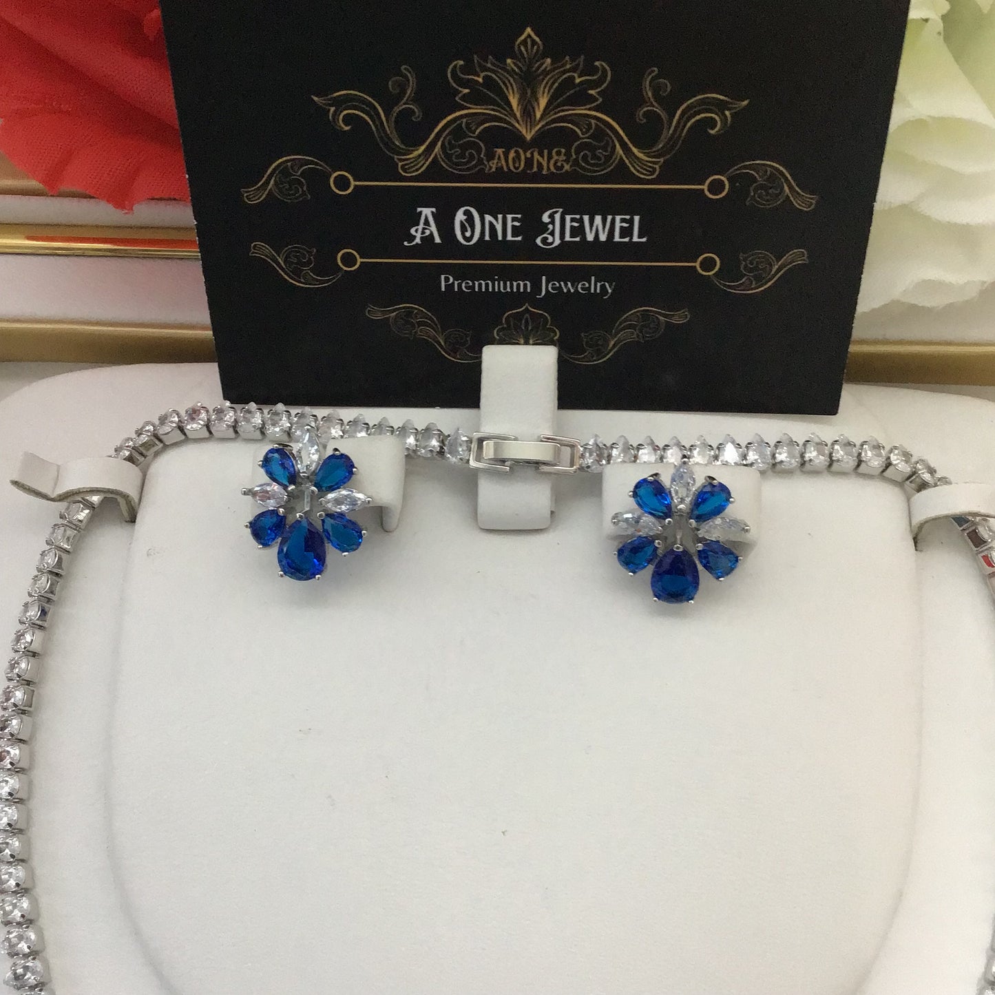 Exclusive Bridal Blue CZ Diamond Cubic Zirconia 2PCS Jewellery Set