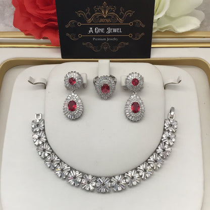 Indian Bridal CZ Diamond Ruby Pink Necklace Earrings Bracelet Ring Set