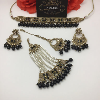 Indian Gold Plated Kundan Choker Earrings and Jhoomar Set