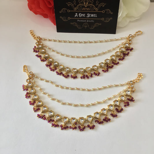 Sahara For Earrings, Gold Purple Kundan Ear Chain, Ear Support