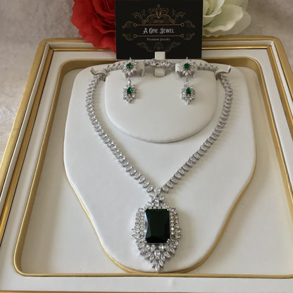 Indian Bridal CZ Diamond Silver Emerald Necklace Jewellery Set