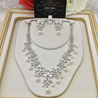 Luxury Bridal Clear CZ Diamond Pearl Necklace Jewellery Set