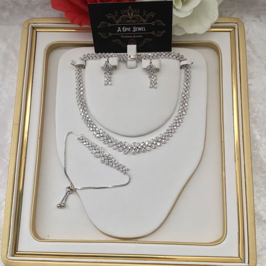 Indian Bridal Silver Plated CZ Diamond 3PCS Necklace Set