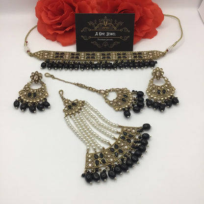 Indian Gold Plated Kundan Choker Earrings and Jhoomar Set