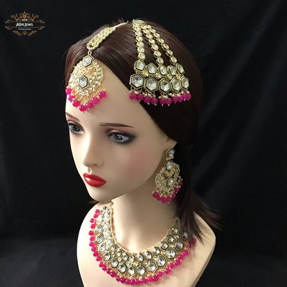 Indian Bridal Pink Necklace Earrings Jhoomar Tikka Set