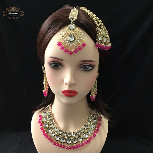 Indian Bridal Pink Necklace Earrings Jhoomar Tikka Set