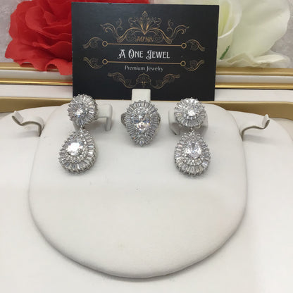 Indian Bridal CZ Diamond Silver Necklace Earrings Bracelet Ring Set