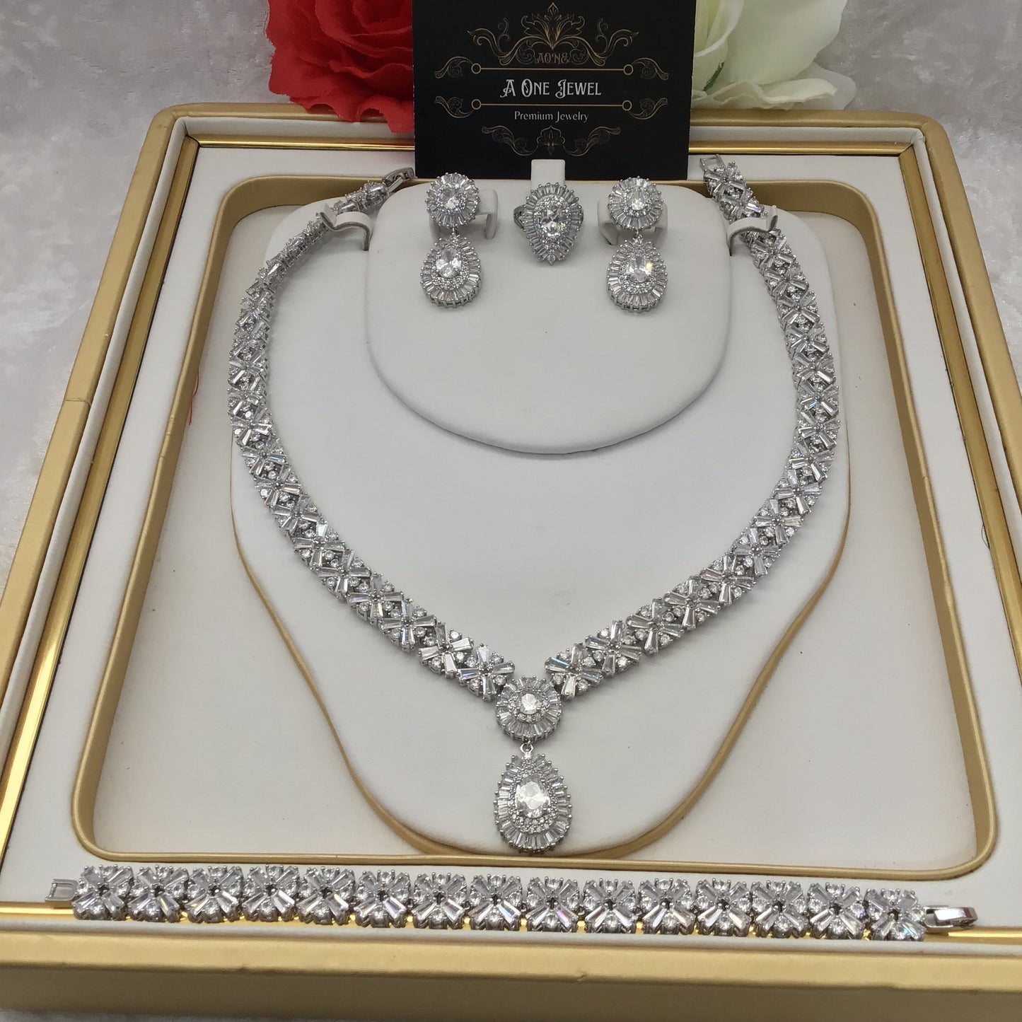 Indian Bridal CZ Diamond Silver Necklace Earrings Bracelet Ring Set