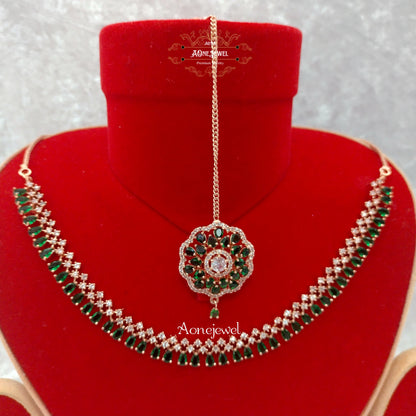 Indian Bridal CZ Diamond Rose Gold Green Necklace Set