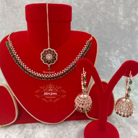 Indian Bridal CZ Diamond Rose Gold Green Necklace Set