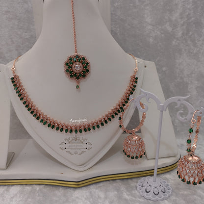 Indian Bridal CZ Diamond Rose Gold Green Necklace Set