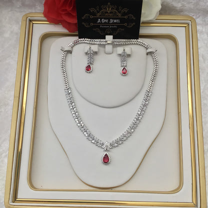 Exclusive Bridal Ruby Pink CZ Diamond Cubic Zirconia Necklace Jewellery Set