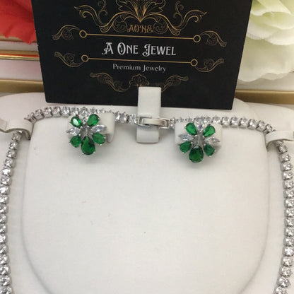 Exclusive Bridal Green CZ Diamond Cubic Zirconia 2PCS Jewellery Set