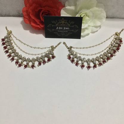 Antique Gold Kundan Mirror Maroon Pearl Ear Chain