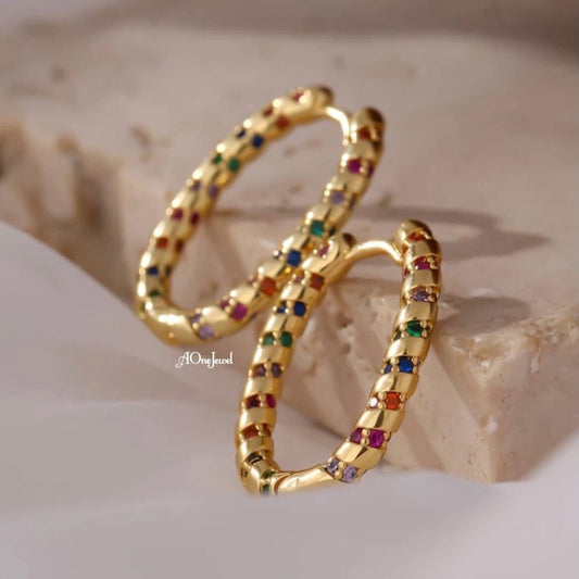 18K Gold Plated Ellipse Rainbow CZ Hoop Earrings