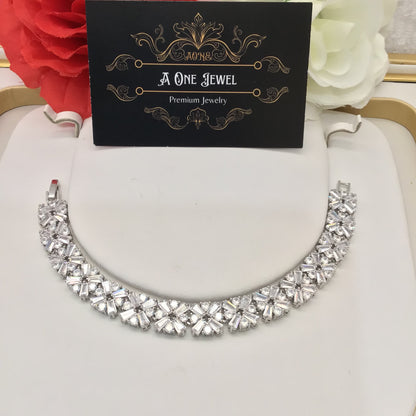 Indian Bridal CZ Diamond Silver Necklace Earrings Bracelet Ring Set