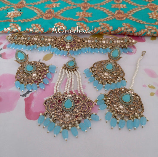 Antique Gold Bridal Choker Necklace Earrings Jhoomar Tikka Set