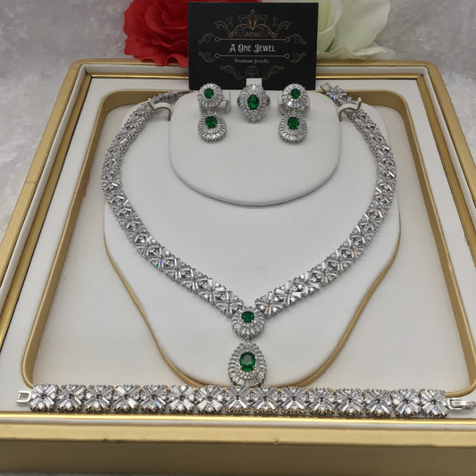 Indian Bridal CZ Diamond Emerald Necklace Earrings Bracelet Ring Set