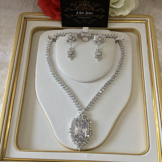 Indian Bridal CZ Diamond Silver Clear Necklace Jewellery Set