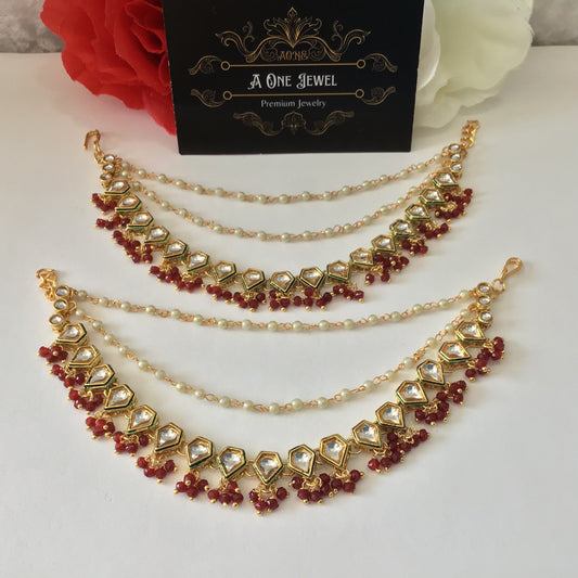 Sahara For Earrings, Gold Maroon Kundan Ear Chain, Ear Support