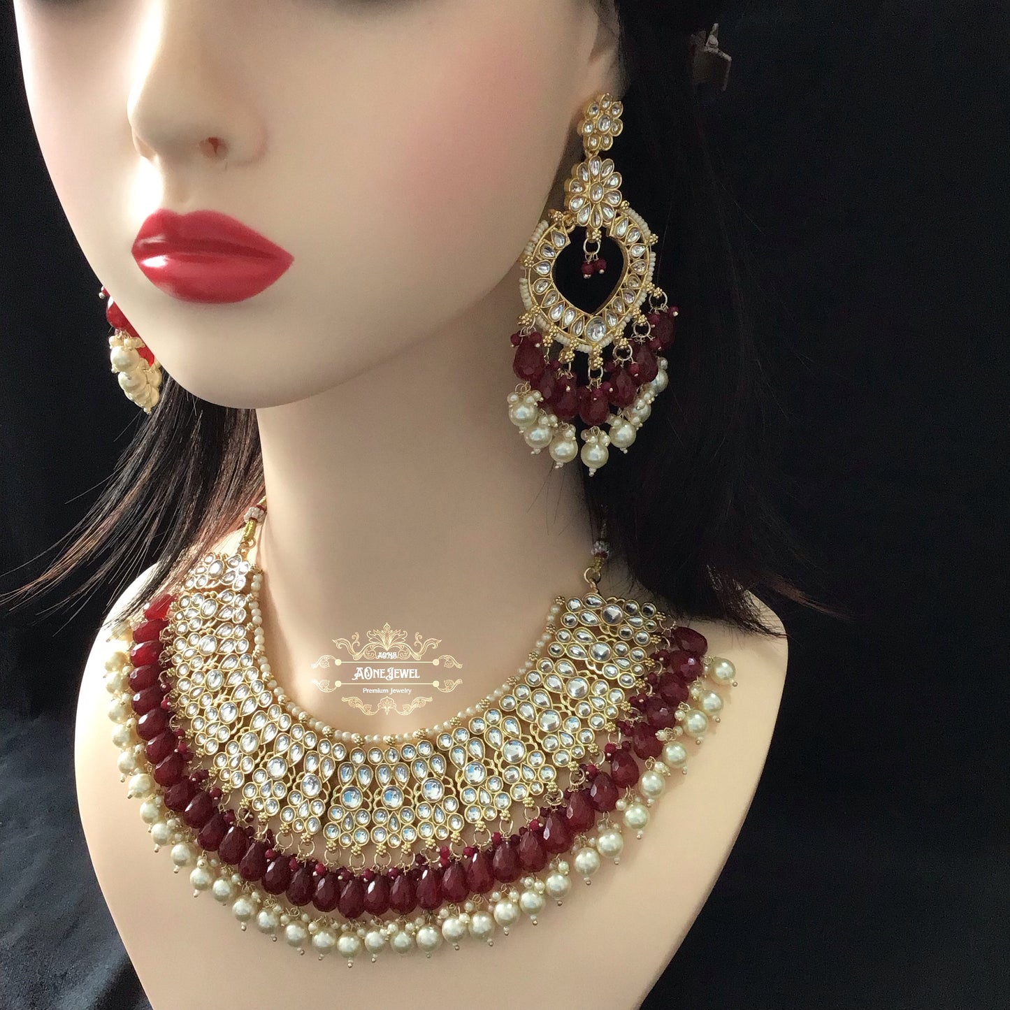 Indian Bridal Maroon Necklace Earrings Jhoomar Tikka Set