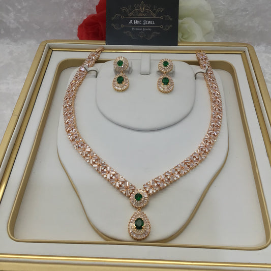 Indian Bridal CZ Diamond Emerald 2PCS Necklace Set