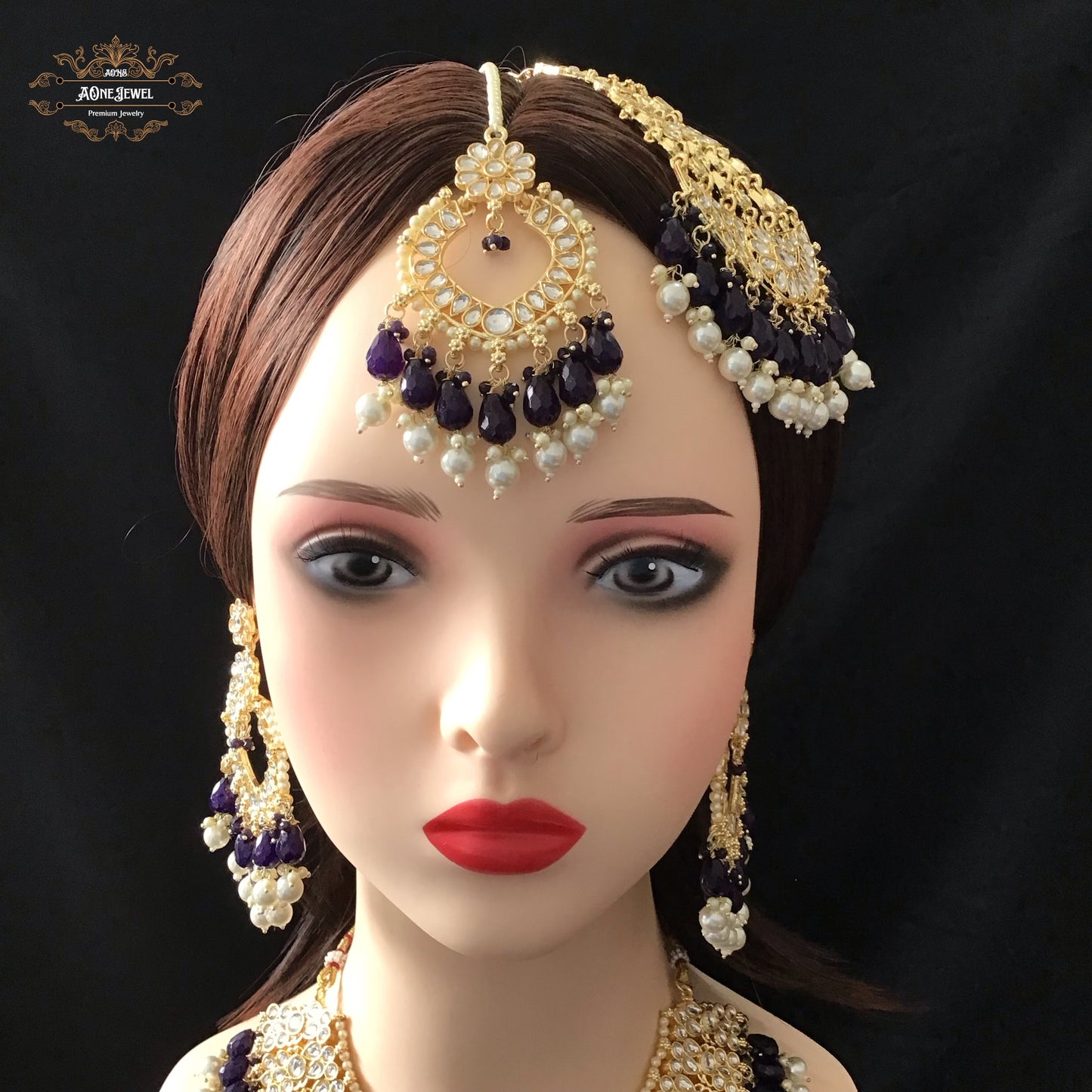 Indian Bridal Navy Blue Necklace Earrings Jhoomar Tikka Set