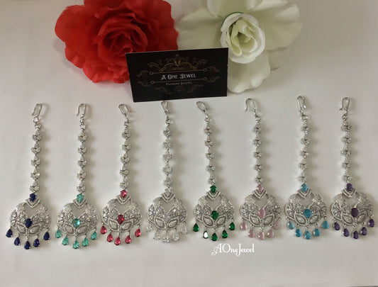 Indian CZ Diamond Silver Plated Maang Tikka