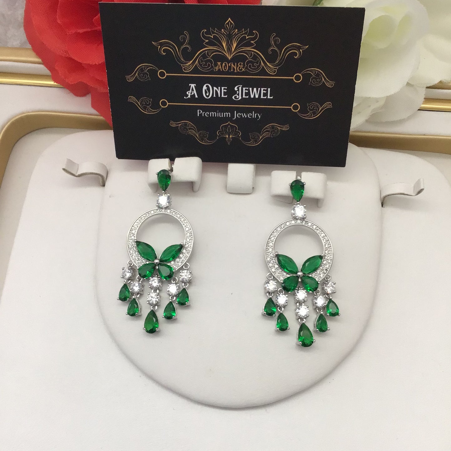 Exclusive Bridal Green CZ Diamond Cubic Zirconia Necklace Jewellery Set