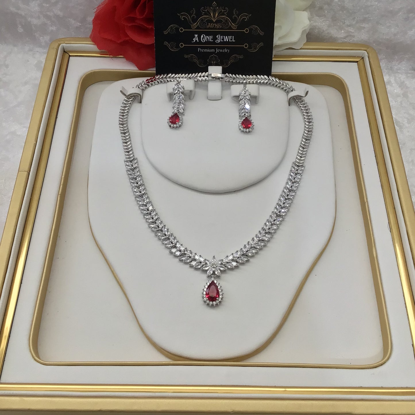 Exclusive Bridal Ruby Pink CZ Diamond Cubic Zirconia Necklace Jewellery Set