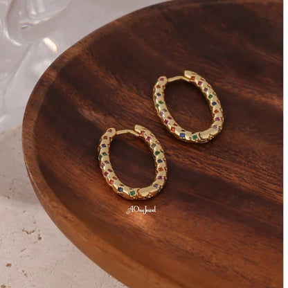 18K Gold Plated Ellipse Rainbow CZ Hoop Earrings