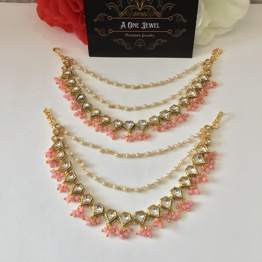 Sahara For Earrings, Gold Baby Pink Kundan Ear Chain, Ear Support