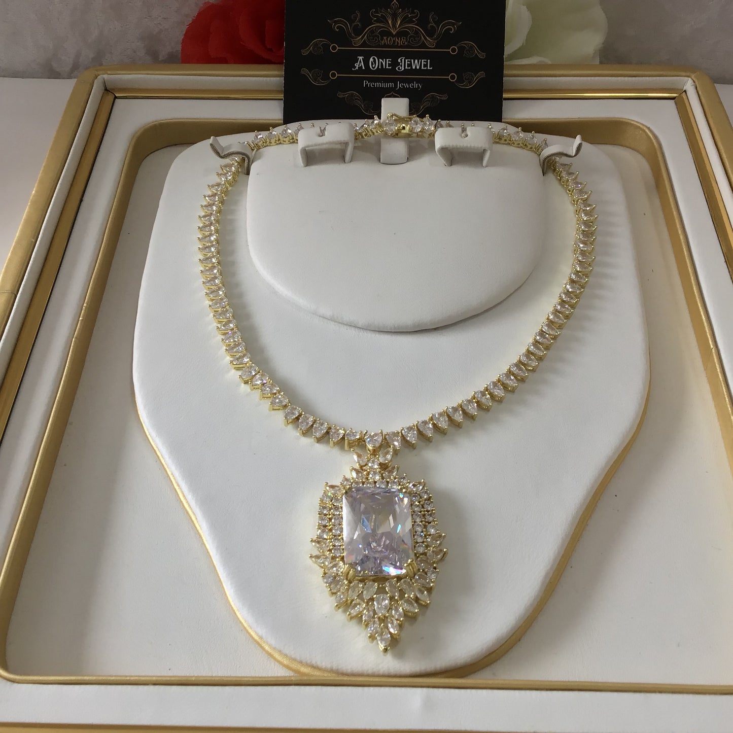 Indian Bridal CZ Diamond Gold Plated Clear Necklace Jewellery Set