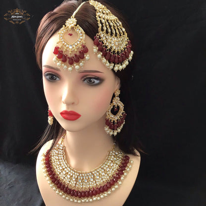 Indian Bridal Maroon Necklace Earrings Jhoomar Tikka Set