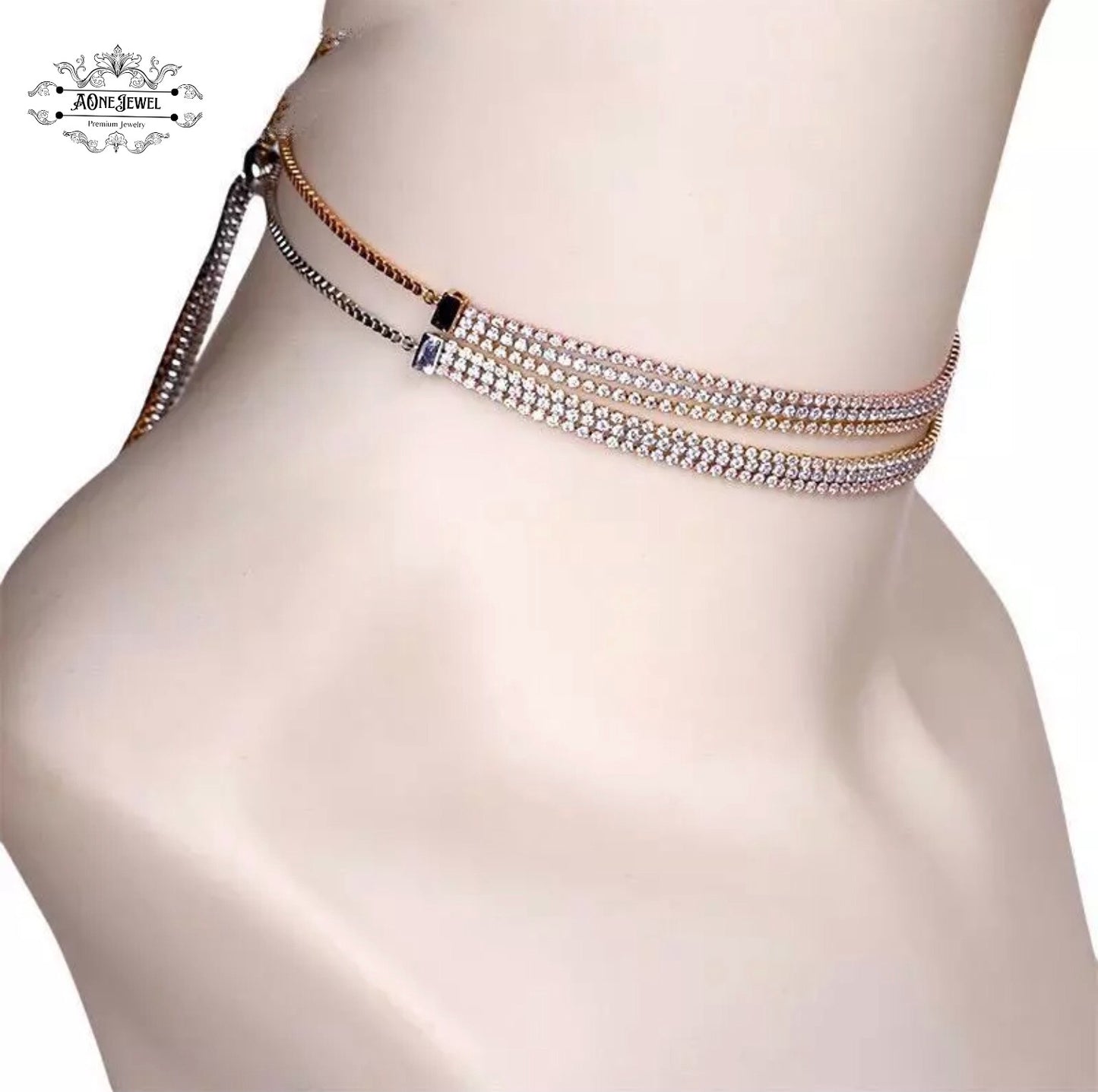 3 Row Cubic Zirconia Gold Plated Adjustable Choker Necklace