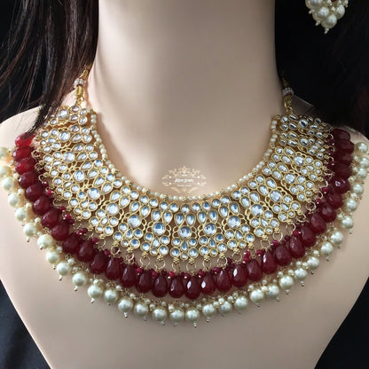 Indian Bridal Maroon Necklace Earrings Jhoomar Tikka Set