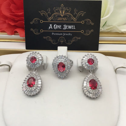 Indian Bridal CZ Diamond Ruby Pink Necklace Earrings Bracelet Ring Set