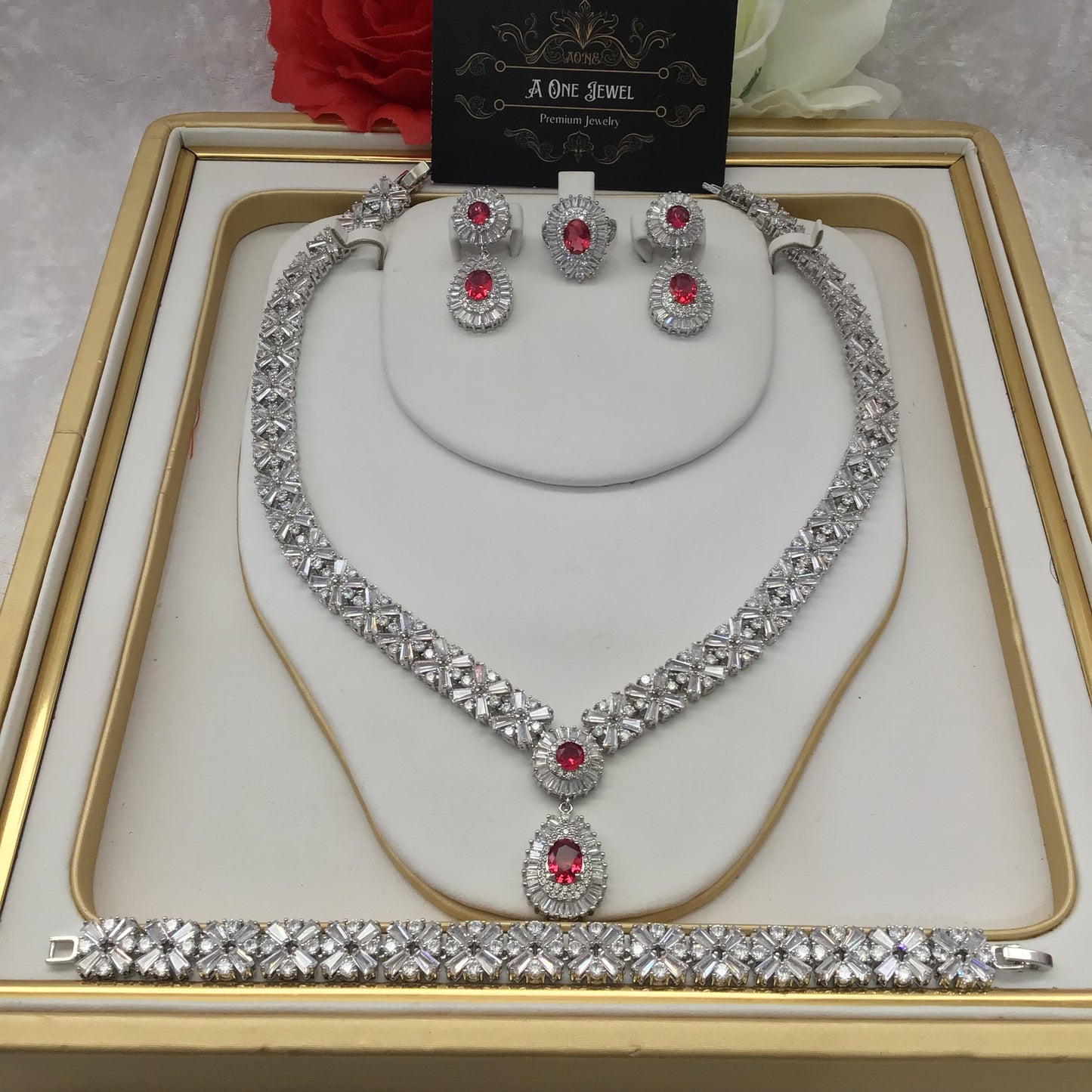 Indian Bridal CZ Diamond Ruby Pink Necklace Earrings Bracelet Ring Set