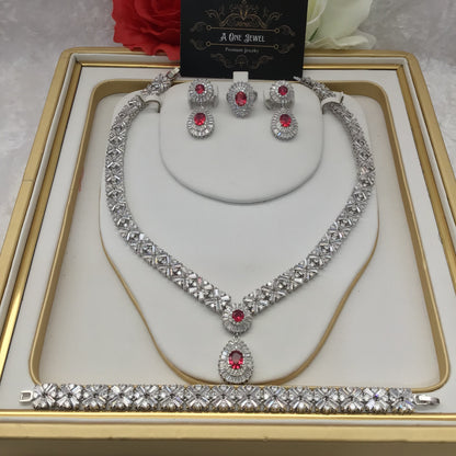 Indian Bridal CZ Diamond Ruby Pink Necklace Earrings Bracelet Ring Set