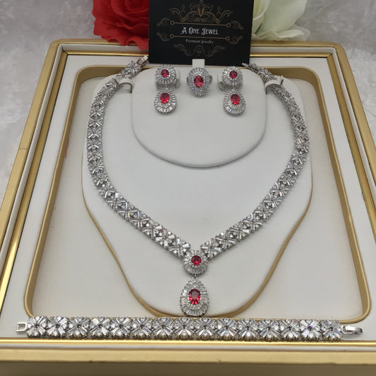 Indian Bridal CZ Diamond Ruby Pink Necklace Earrings Bracelet Ring Set